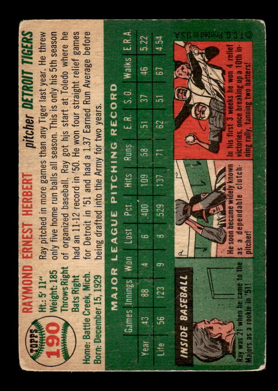 1954 Topps #190 Ray Herbert Detroit Tigers VG 54T10007707