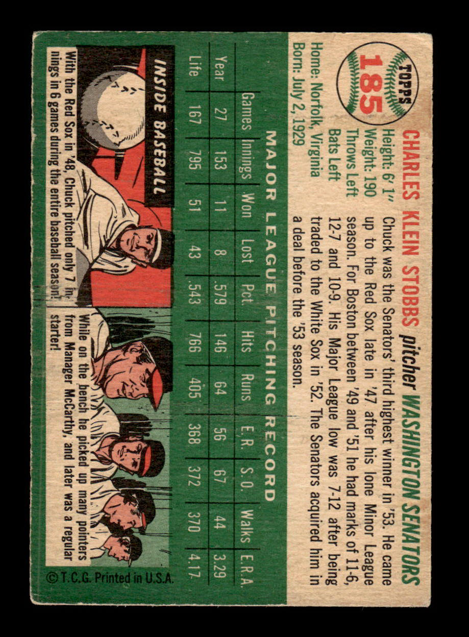 1954 Topps #185 Chuck Stobbs Washington Senators VG 54T10007709