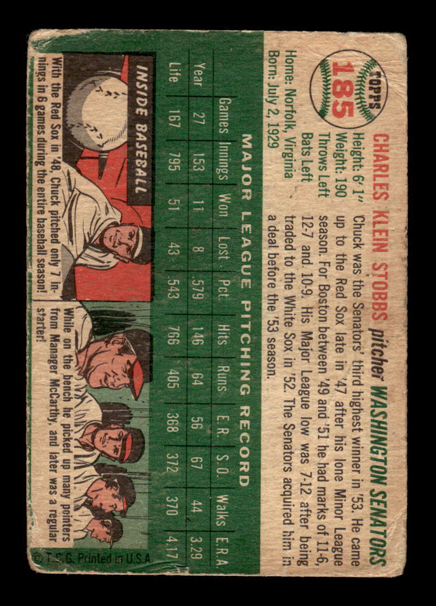 1954 Topps #185 Chuck Stobbs Washington Senators Poor 54T10007710