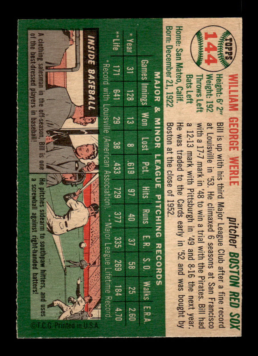 1954 Topps #144 Bill Werle Boston Red Sox VGEX 54T10007730