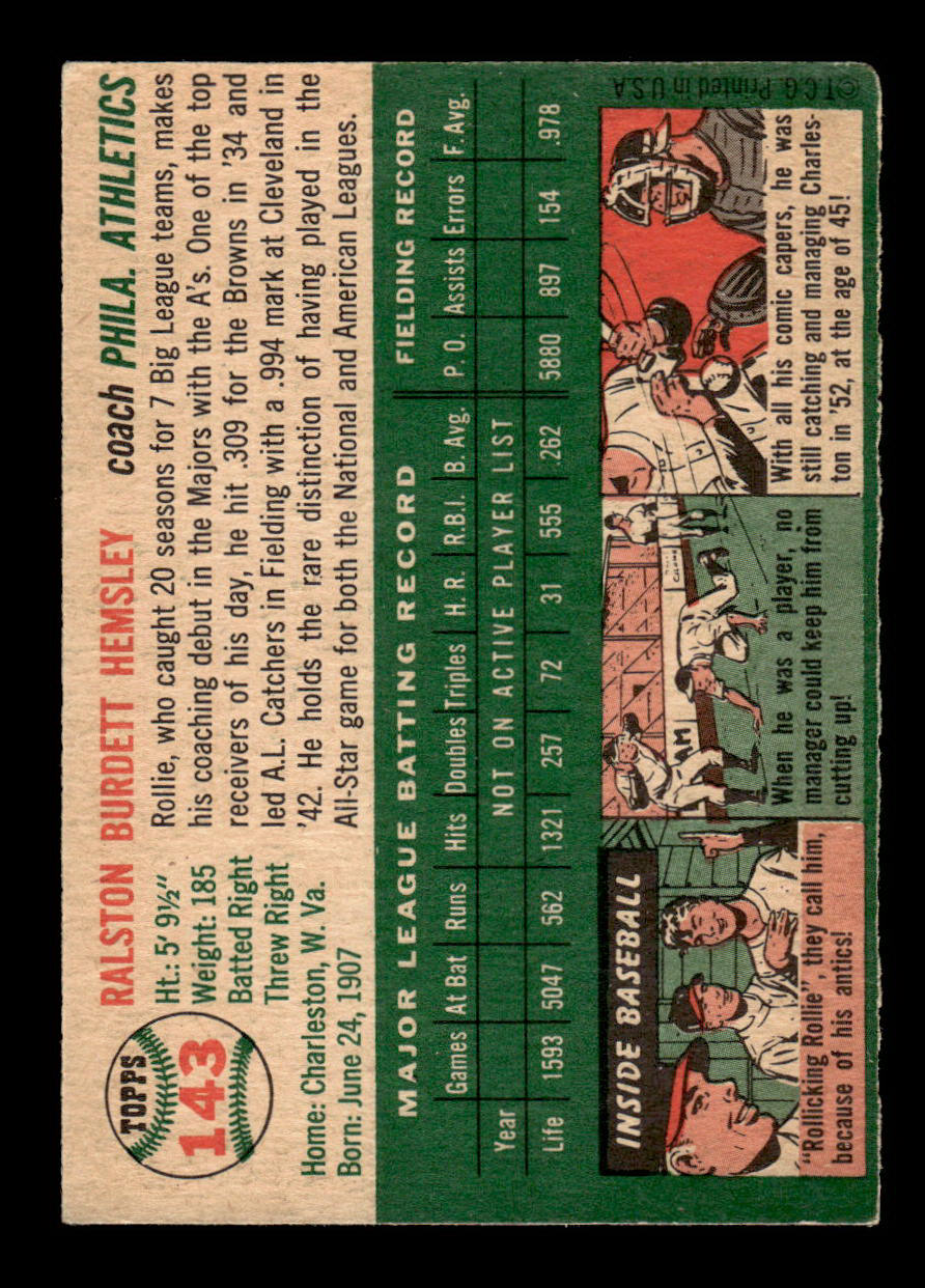 1954 Topps #143 Rollie Hemsley Philadelphia Athletics VG 54T10007732
