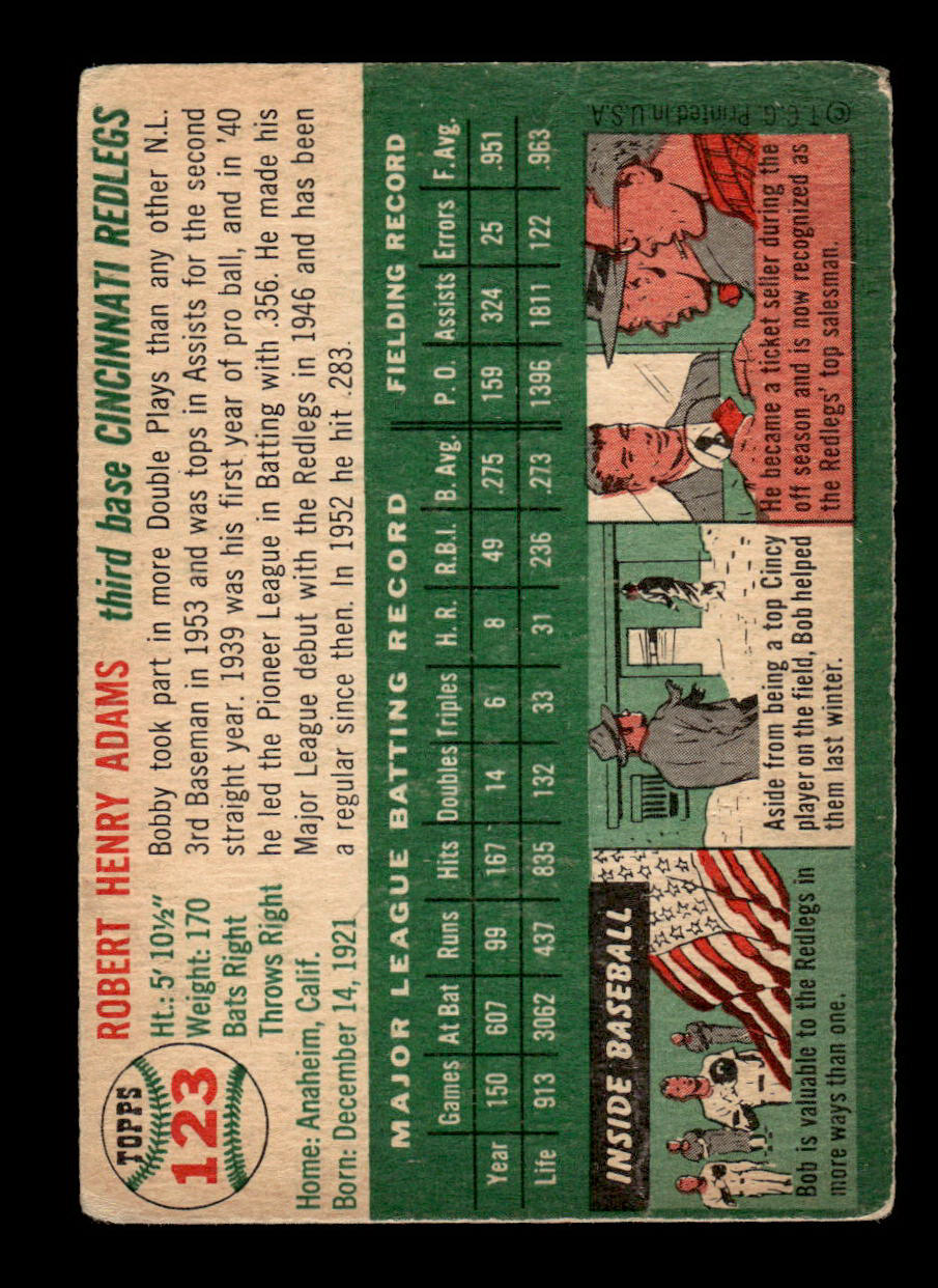 1954 Topps #123 Bobby Adams Cincinnati Redlegs VG 54T10007747