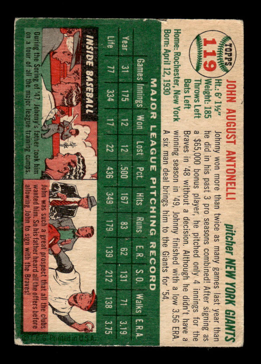 1954 Topps #119 Johnny Antonelli New York Giants VG 54T10007752
