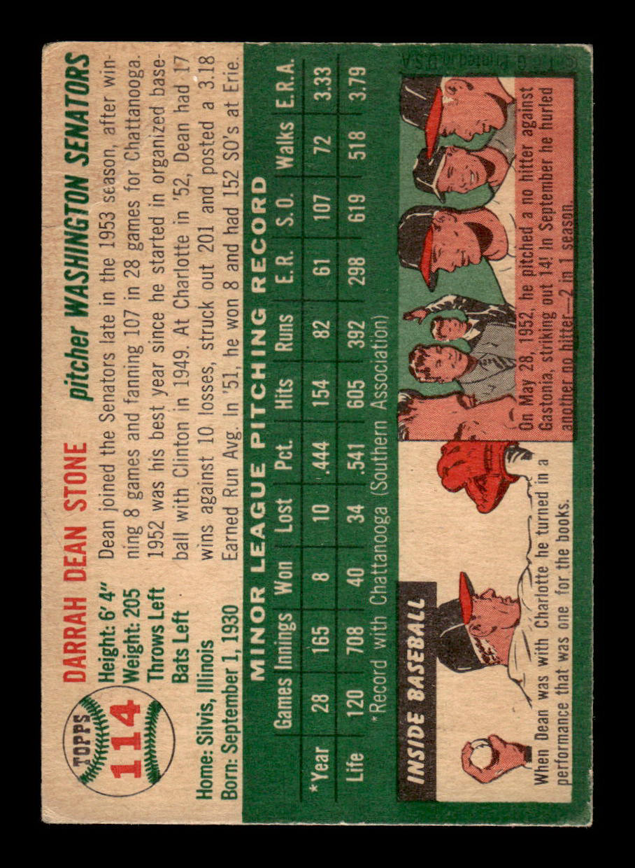 1954 Topps #114 Dean Stone Washington Senators VG 54T10007757