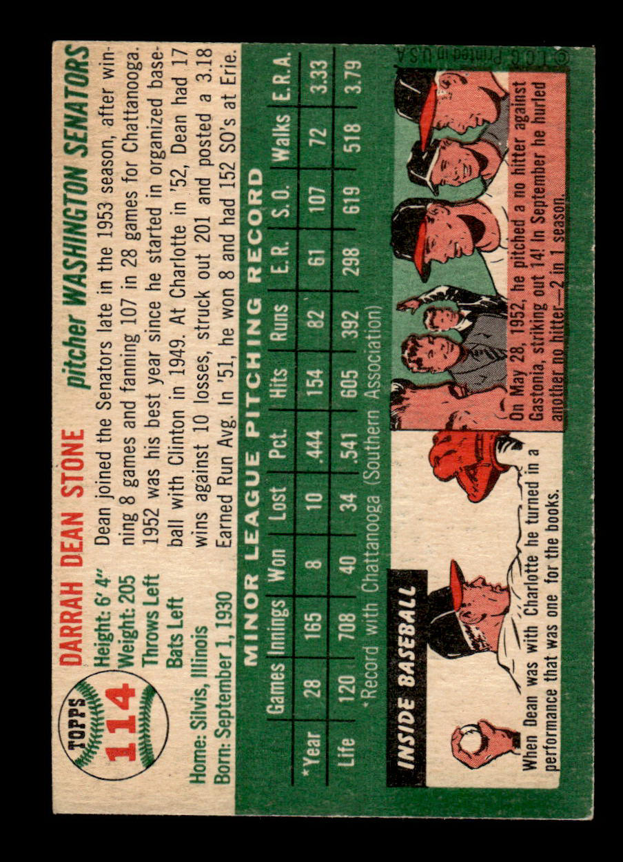 1954 Topps #114 Dean Stone Washington Senators VG 54T10007758