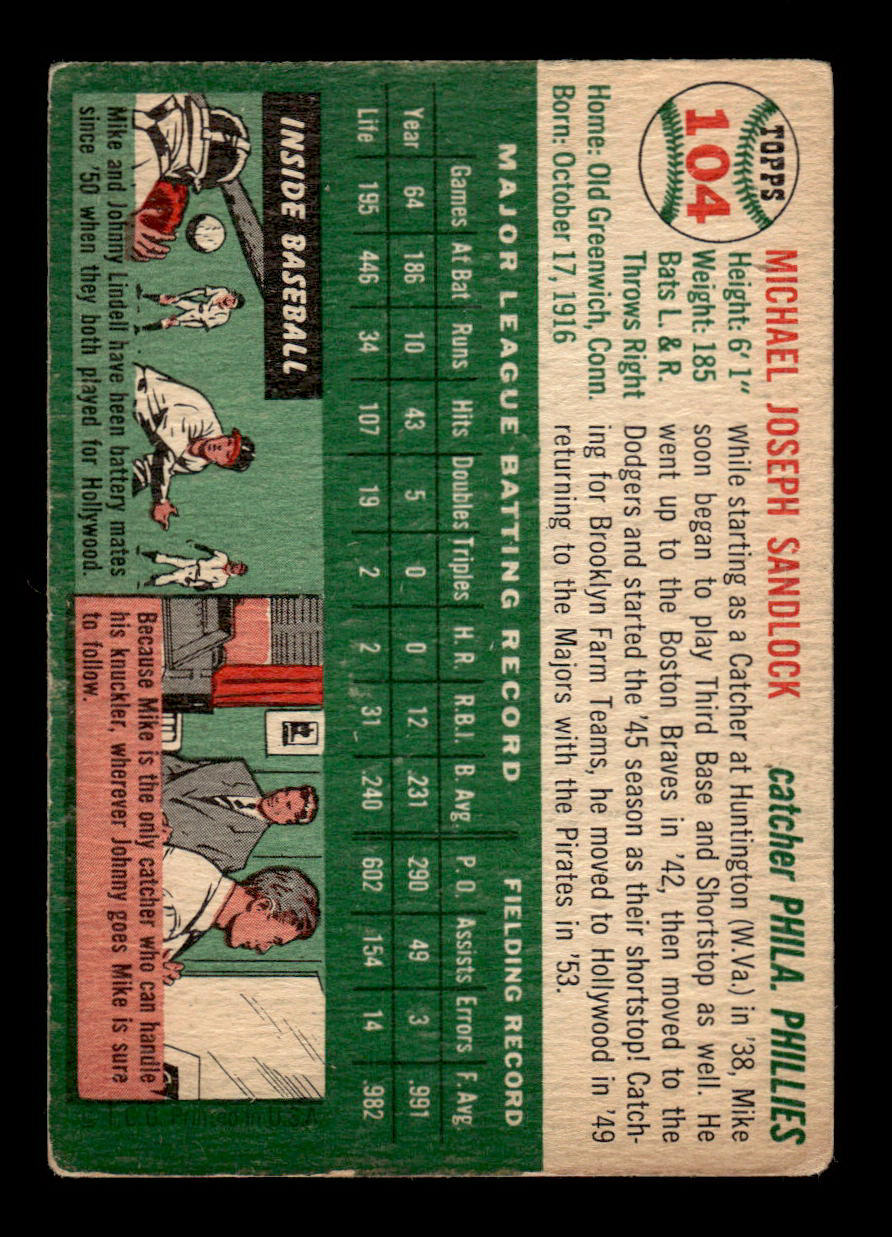 1954 Topps #104 Mike Sandlock Philadelphia Phillies VG 54T10007769