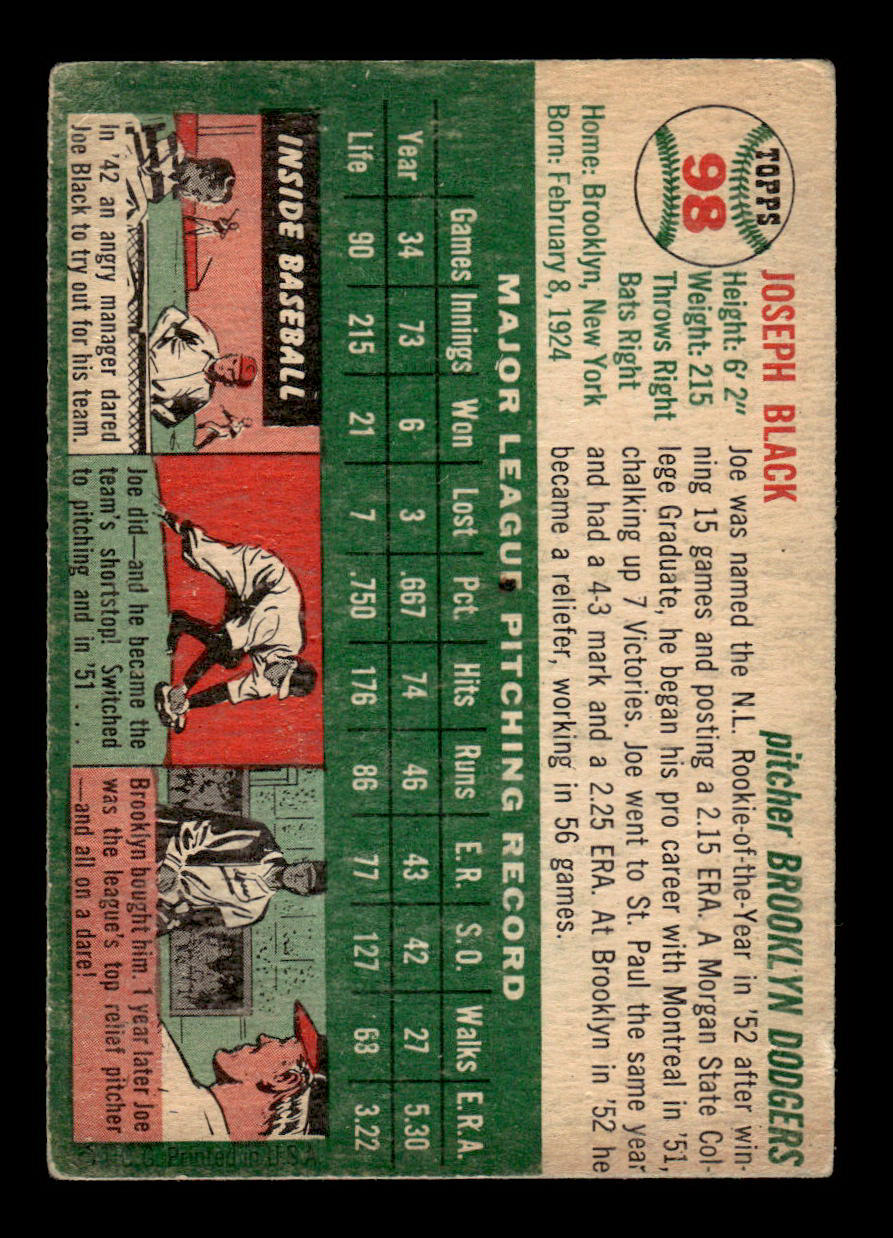 1954 Topps #98 Joe Black Brooklyn Dodgers VG 54T10007773