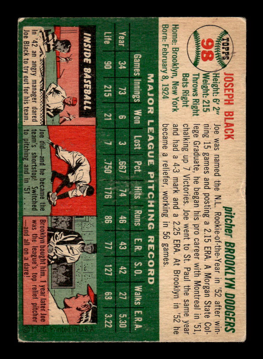 1954 Topps #98 Joe Black Brooklyn Dodgers VG 54T10007774