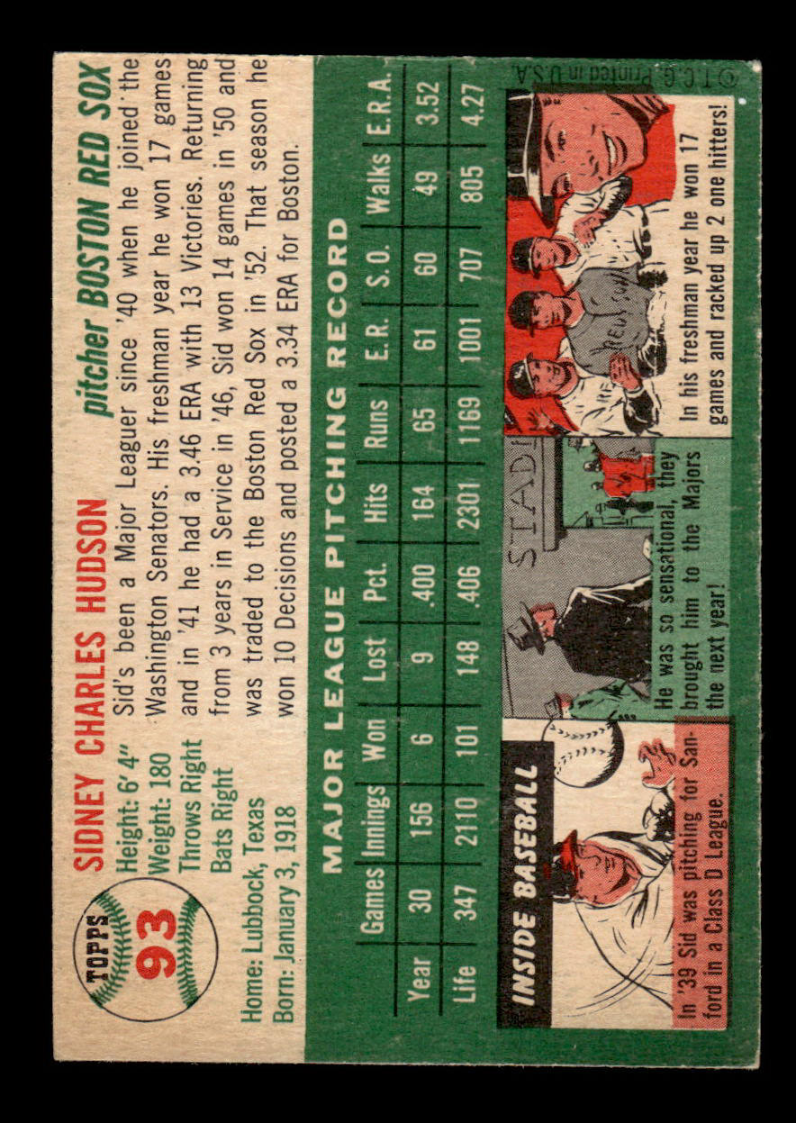 1954 Topps #93 Sid Hudson Boston Red Sox VG 54T10007780