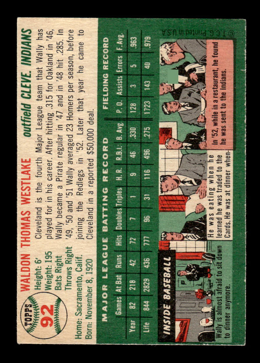 1954 Topps #92 Wally Westlake Cleveland Indians VG 54T10007781