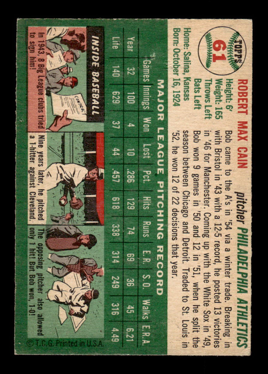 1954 Topps #61 Bob Cain Philadelphia Athletics VG 54T10007804