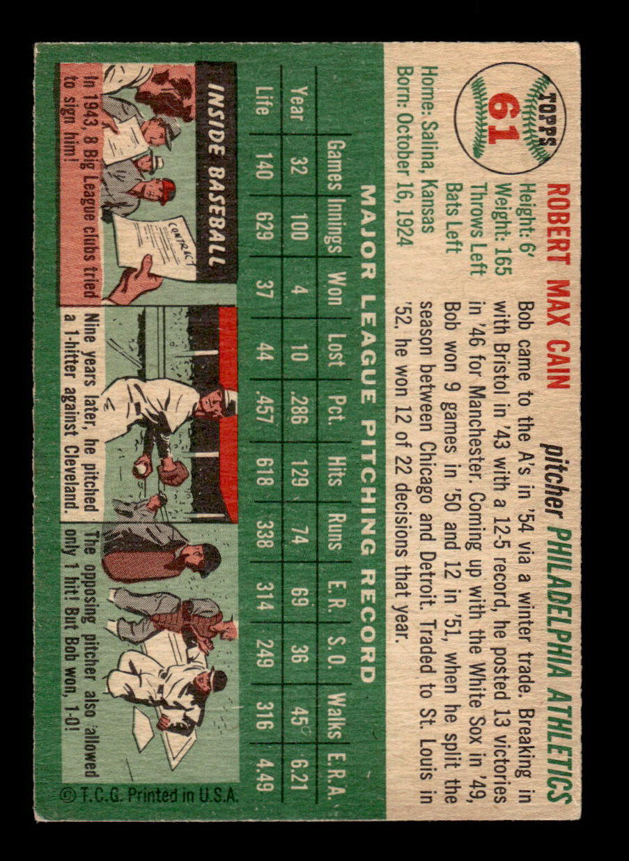 1954 Topps #61 Bob Cain Philadelphia Athletics VG 54T10007805