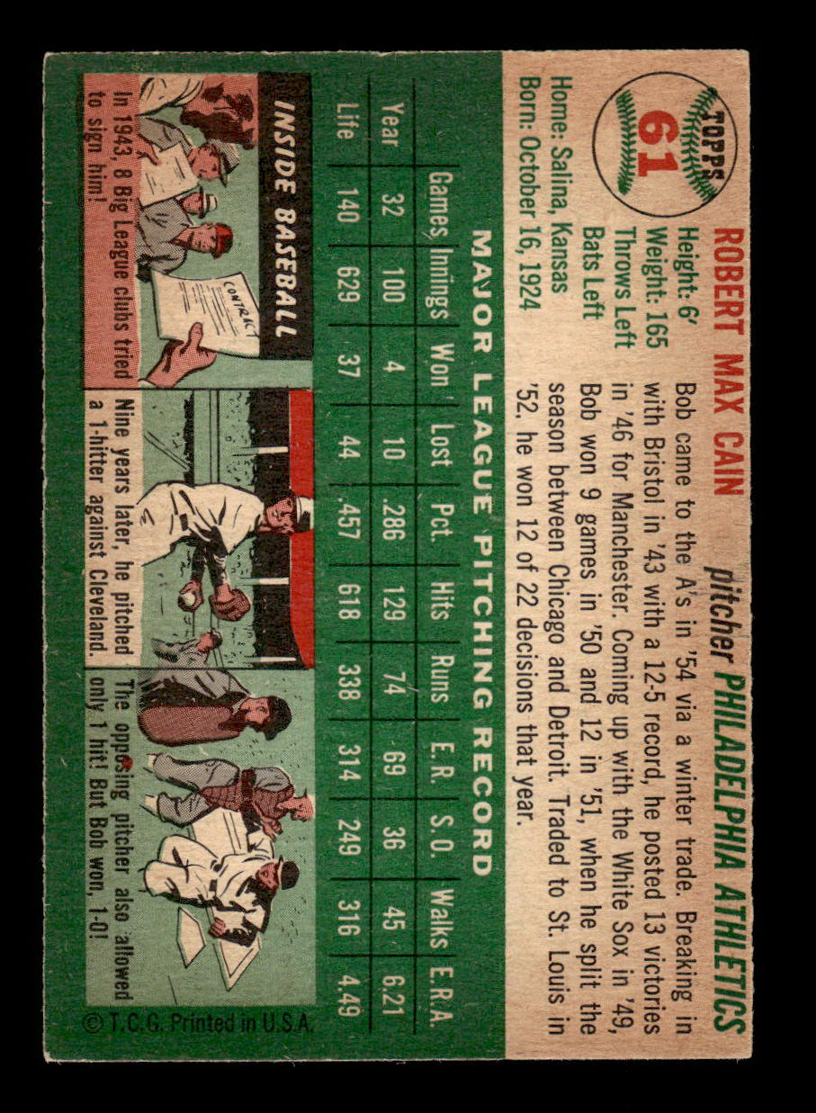 1954 Topps #61 Bob Cain Philadelphia Athletics VG 54T10007806
