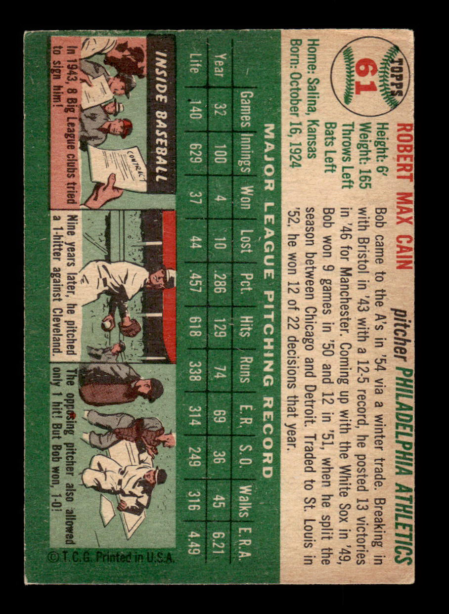1954 Topps #61 Bob Cain Philadelphia Athletics VG 54T10007807