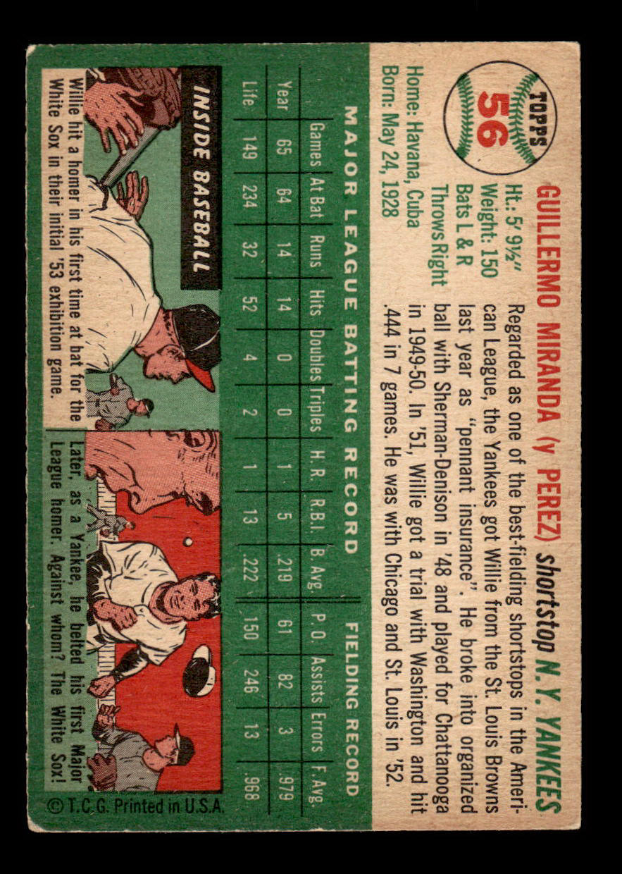 1954 Topps #56 Willy Miranda New York Yankees VG 54T10007812