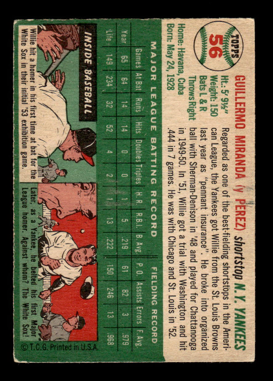 1954 Topps #56 Willy Miranda New York Yankees VG 54T10007813