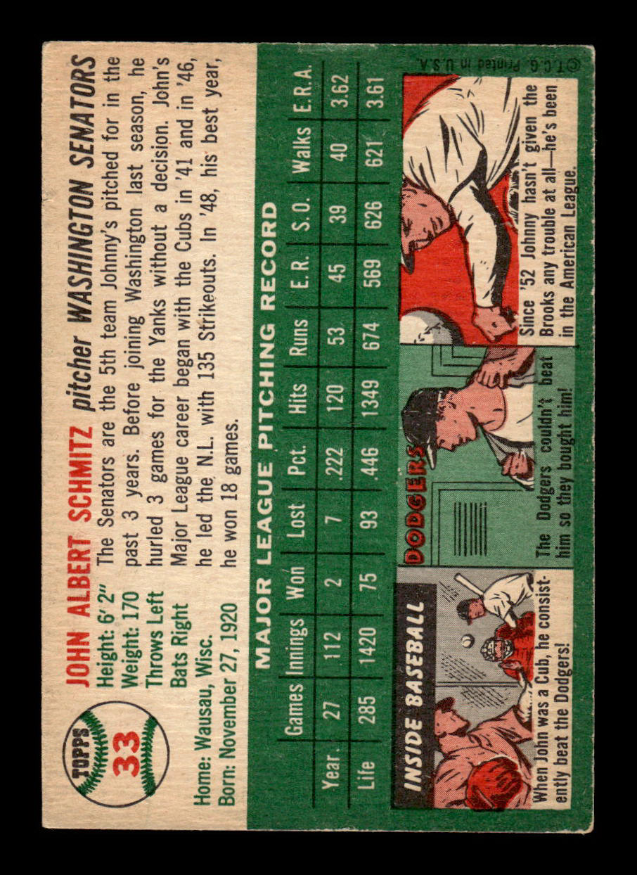 1954 Topps #33 Johnny Schmitz Washington Senators VG 54T10007839