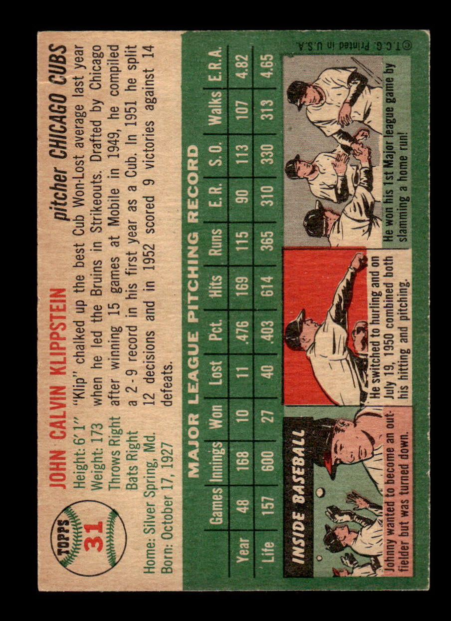 1954 Topps #31 Johnny Klippstein Chicago Cubs VG 54T10007841
