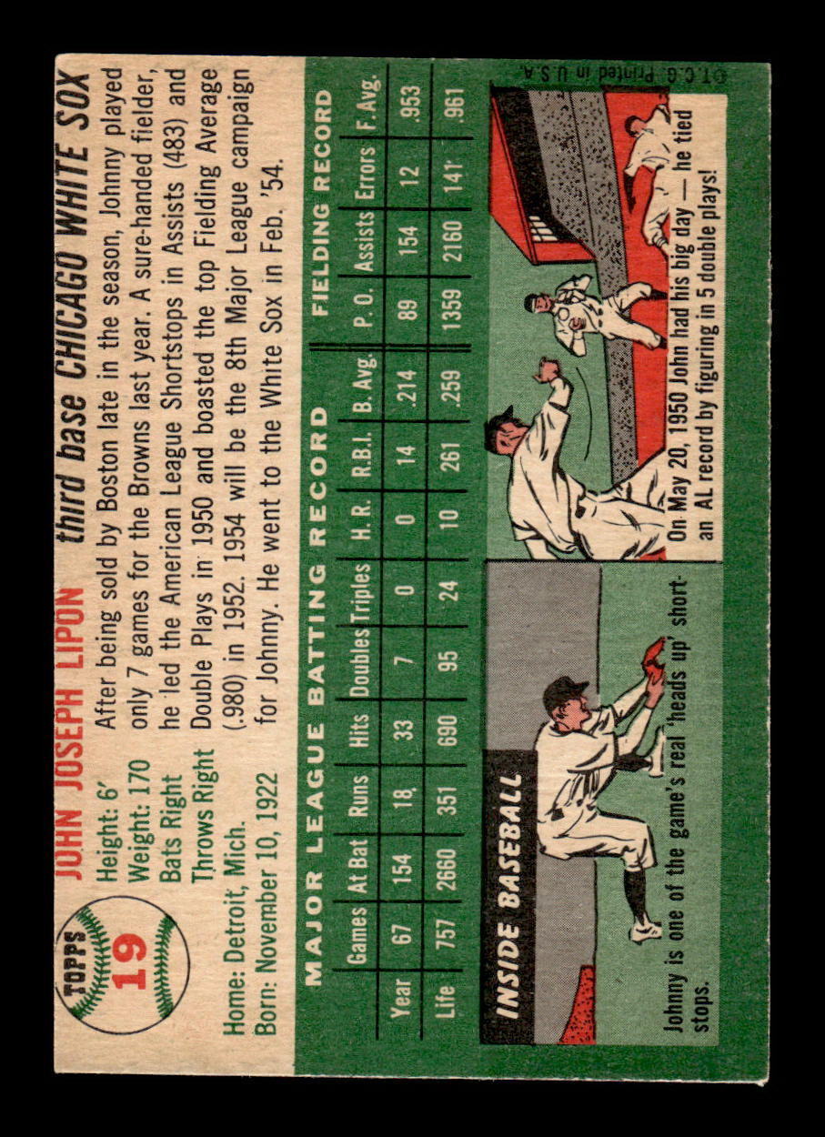 1954 Topps #19 Johnny Lipon Chicago White Sox VG 54T10007858