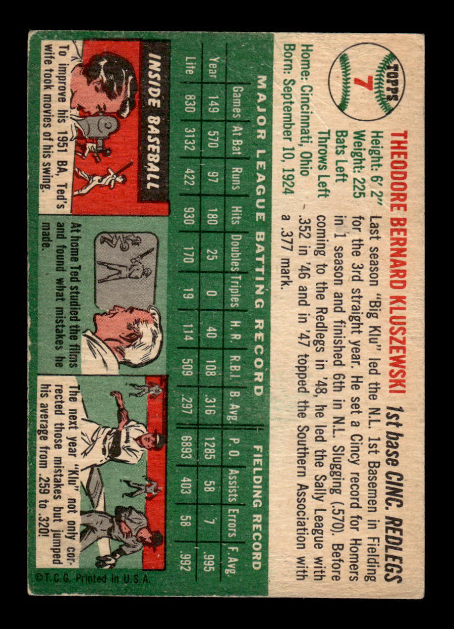 1954 Topps #7 Ted Kluszewski Cincinnati Redlegs VG 54T10007869