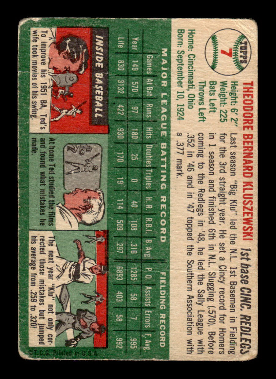 1954 Topps #7 Ted Kluszewski Cincinnati Redlegs VG 54T10007870