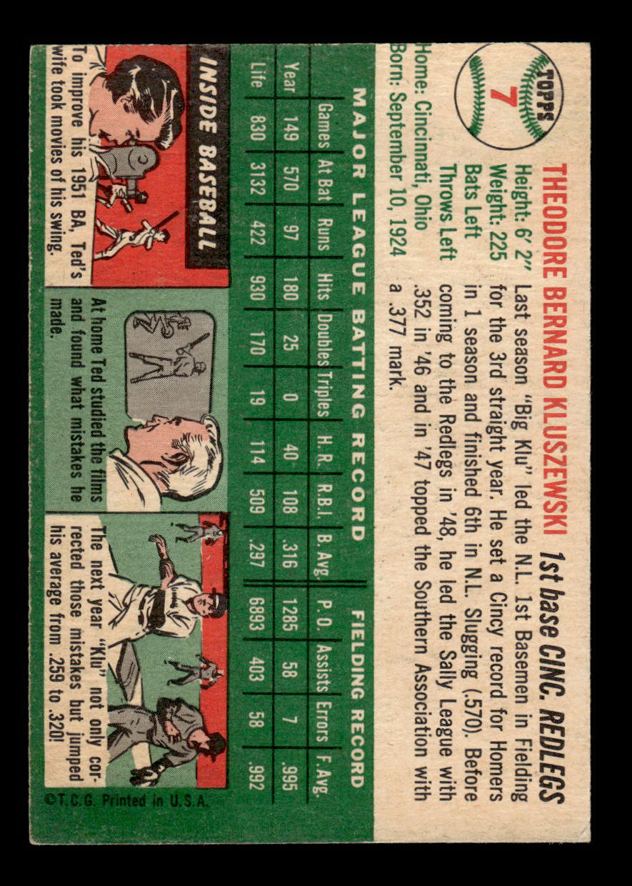 1954 Topps #7 Ted Kluszewski Cincinnati Redlegs VG 54T10007871