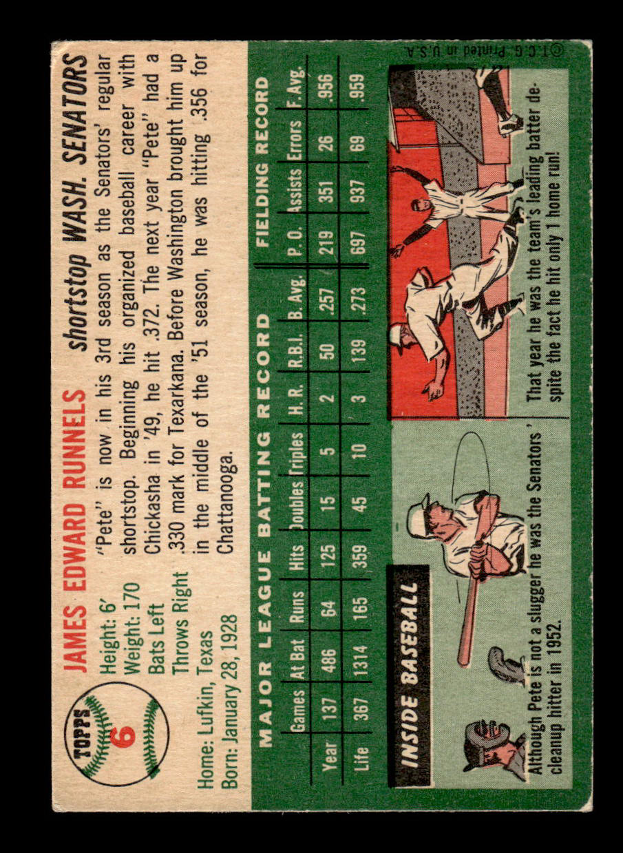 1954 Topps #6 Pete Runnels Washington Senators VG 54T10007873