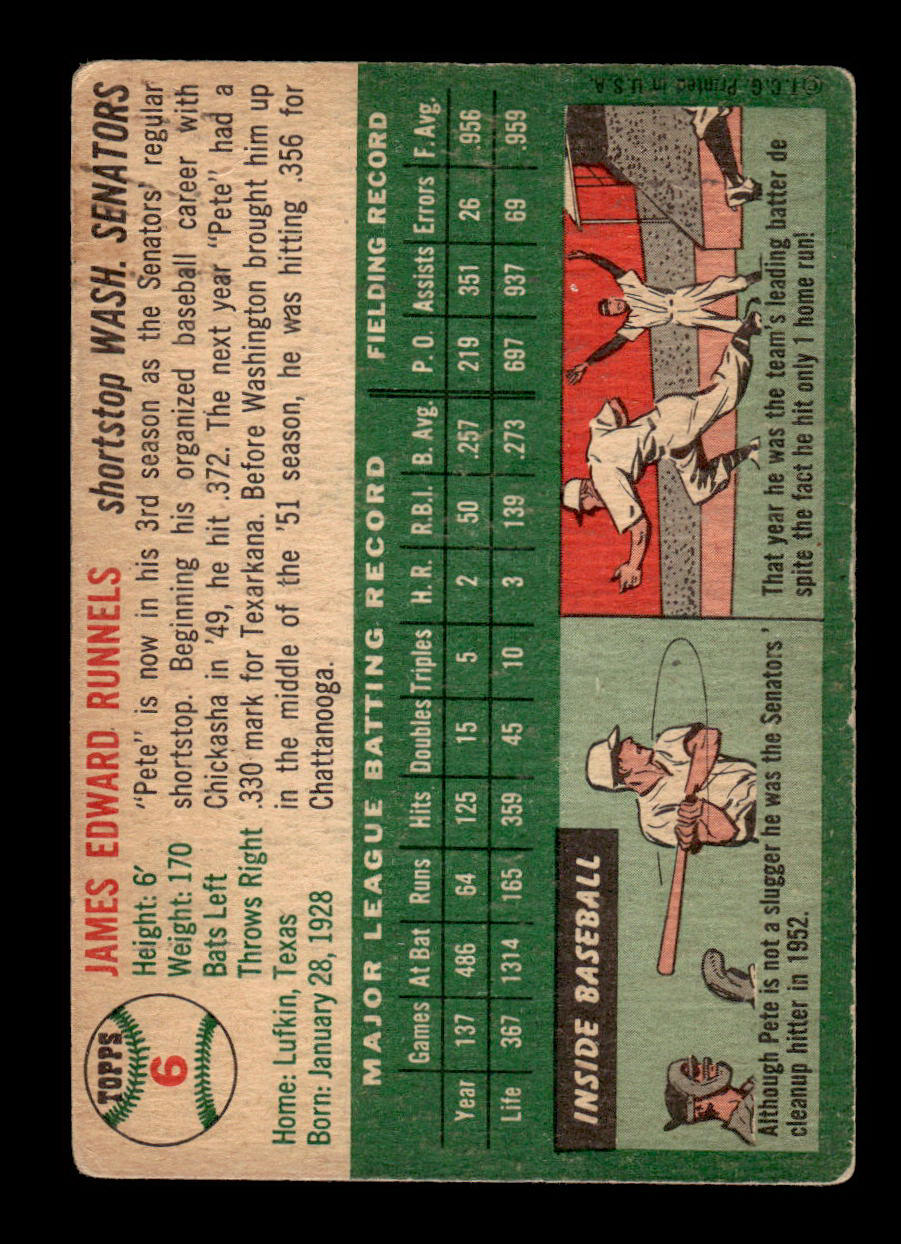 1954 Topps #6 Pete Runnels Washington Senators VG 54T10007874