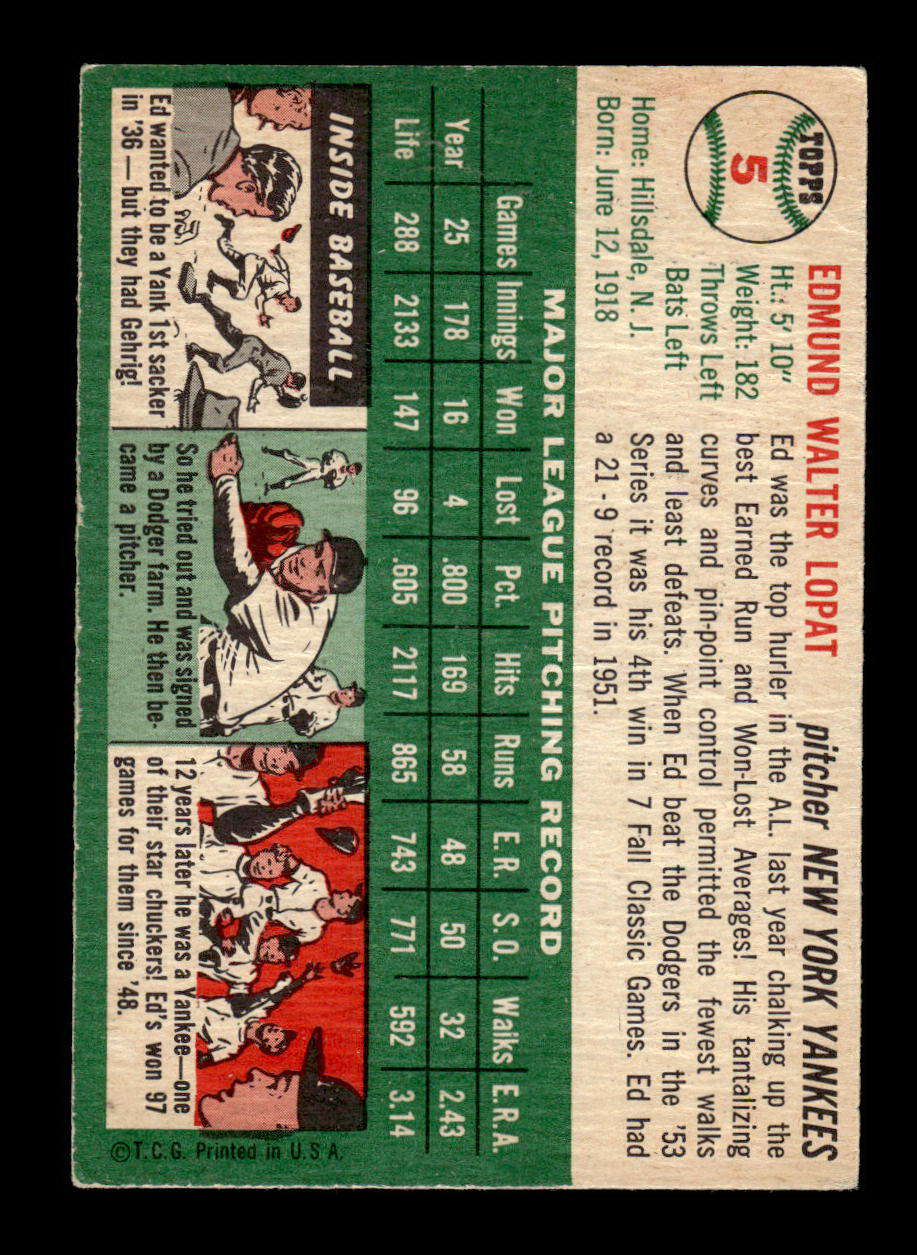 1954 Topps #5 Ed Lopat New York Yankees VG 54T10007875