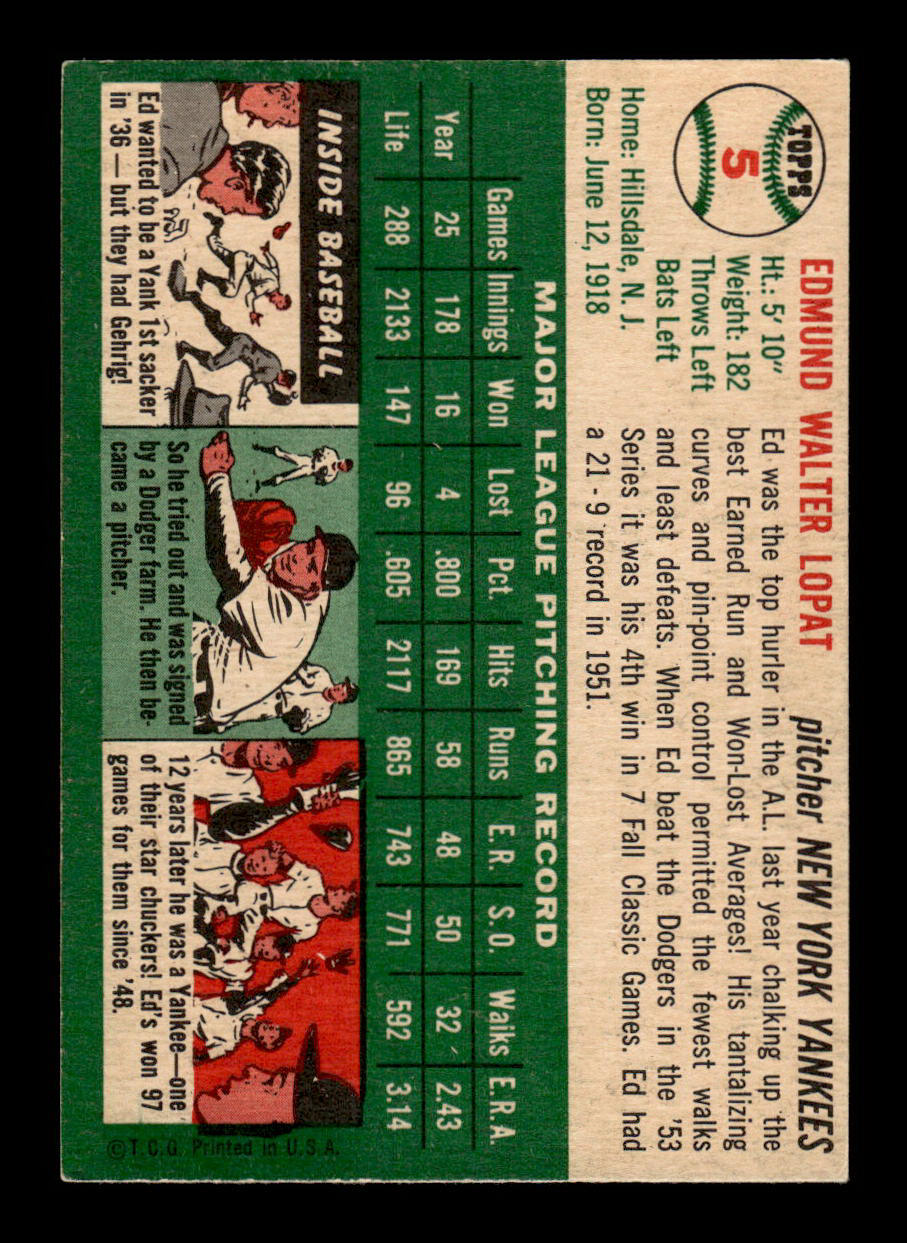 1954 Topps #5 Ed Lopat New York Yankees VG 54T10007877