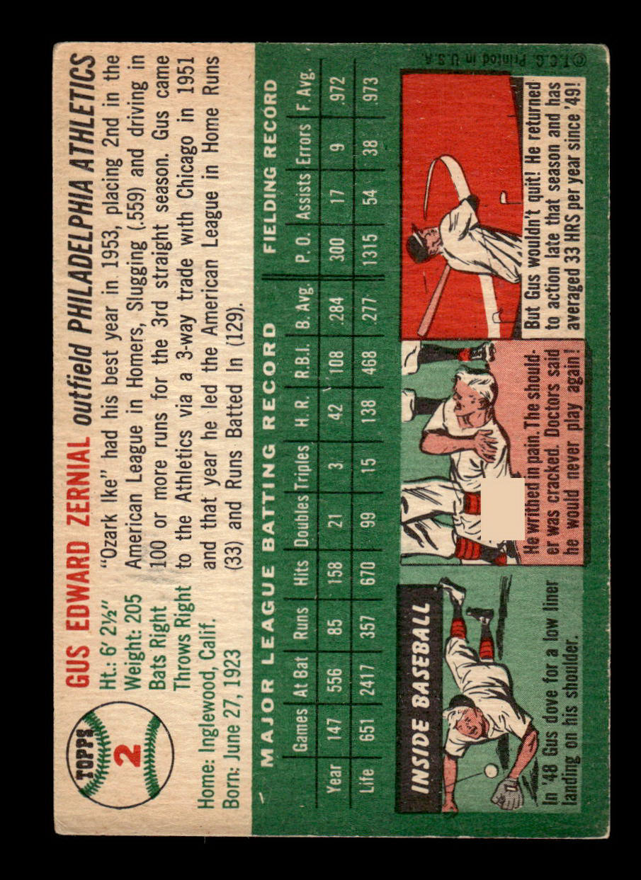 1954 Topps #2 Gus Zernial Philadelphia Athletics VG 54T10007880
