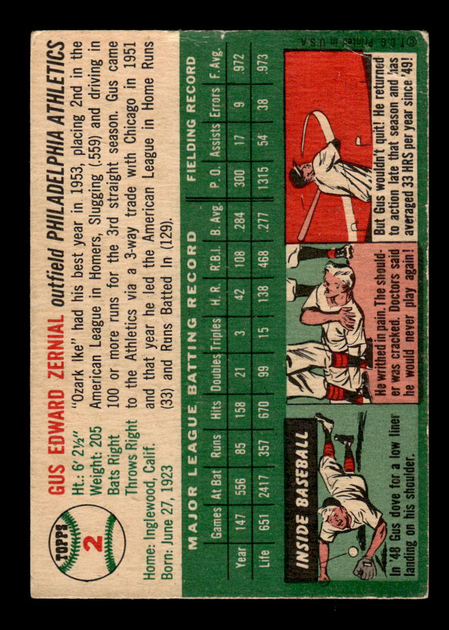 1954 Topps #2 Gus Zernial Philadelphia Athletics VG 54T10007881