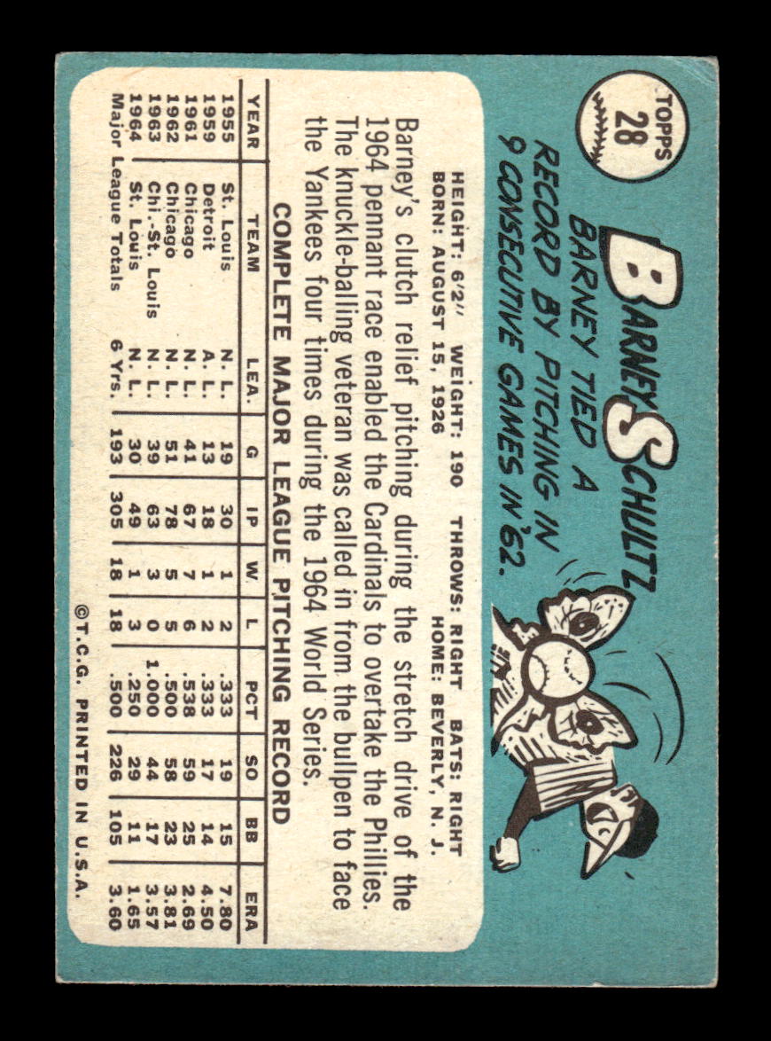 1965 Topps #28 Barney Schultz St. Louis Cardinals VG 54T10007898