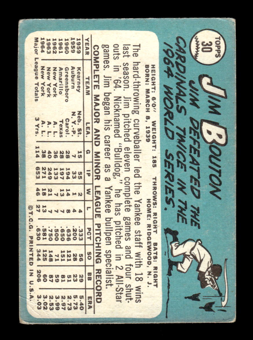 1965 Topps #30 Jim Bouton New York Yankees VG 54T10007900