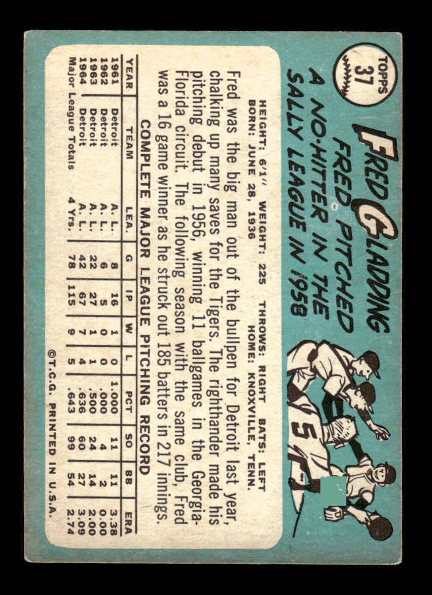 1965 Topps #37 Fred Gladding Detroit Tigers VG 54T10007907