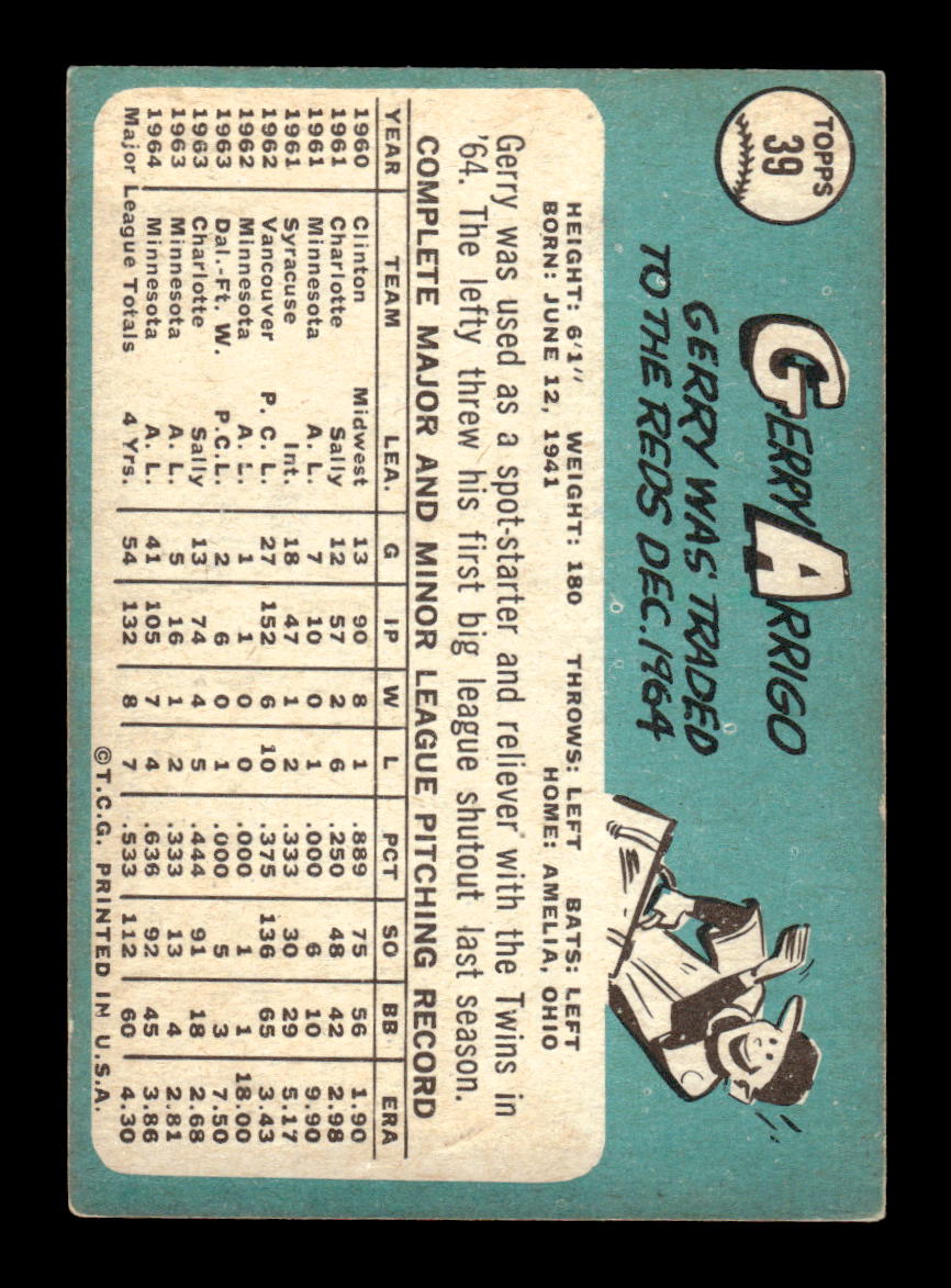 1965 Topps #39 Gerry Arrigo Minnesota Twins VG 54T10007909