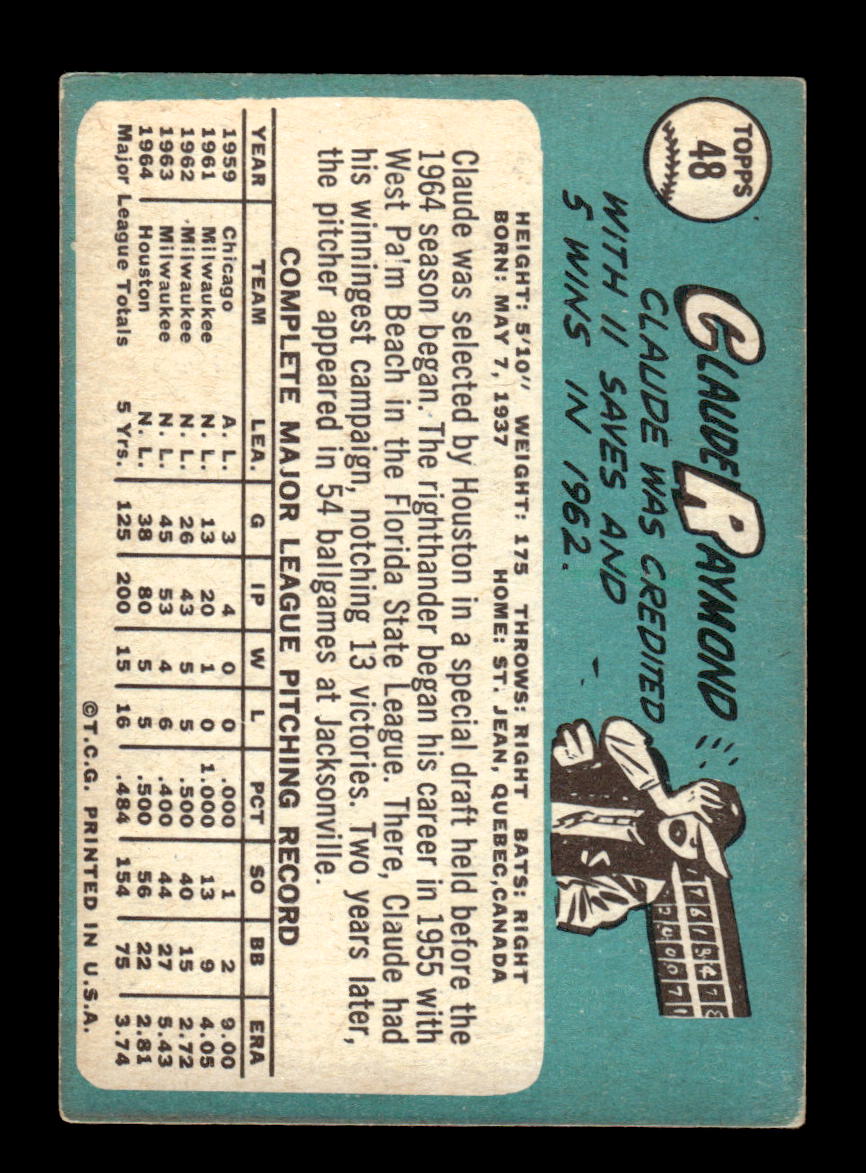 1965 Topps #48 Claude Raymond Houston Colt .45s VG 54T10007916