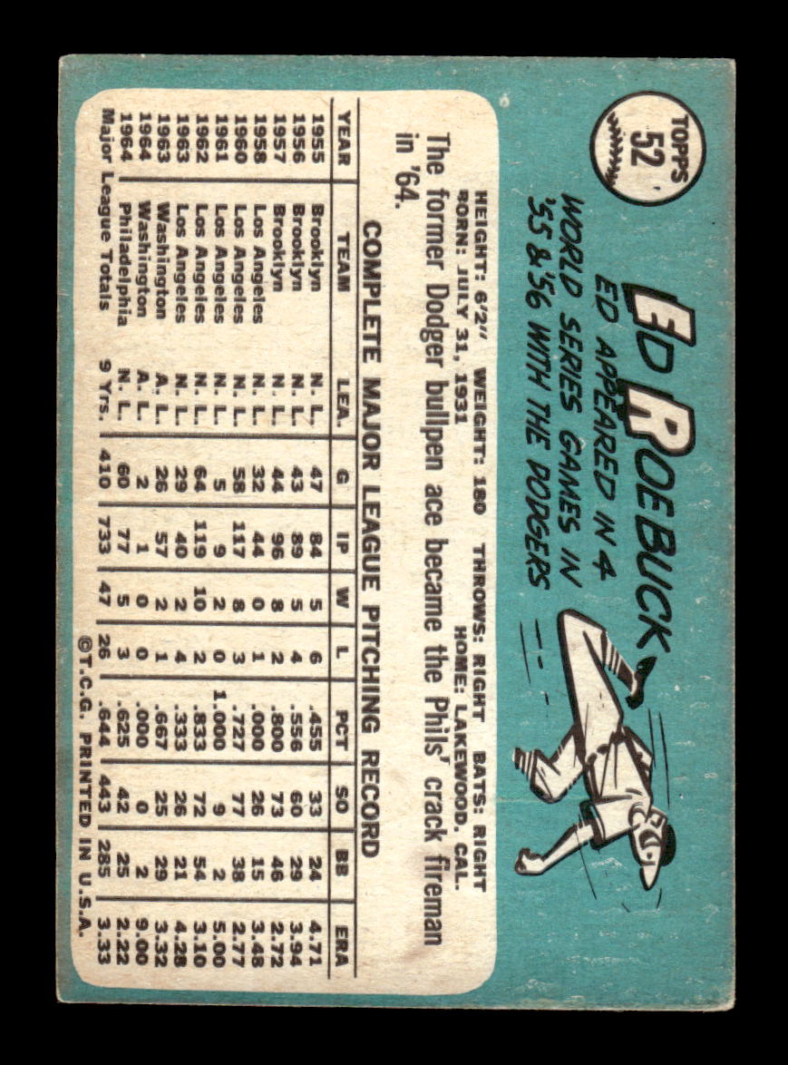 1965 Topps #52 Ed Roebuck Philadelphia Phillies VG 54T10007918
