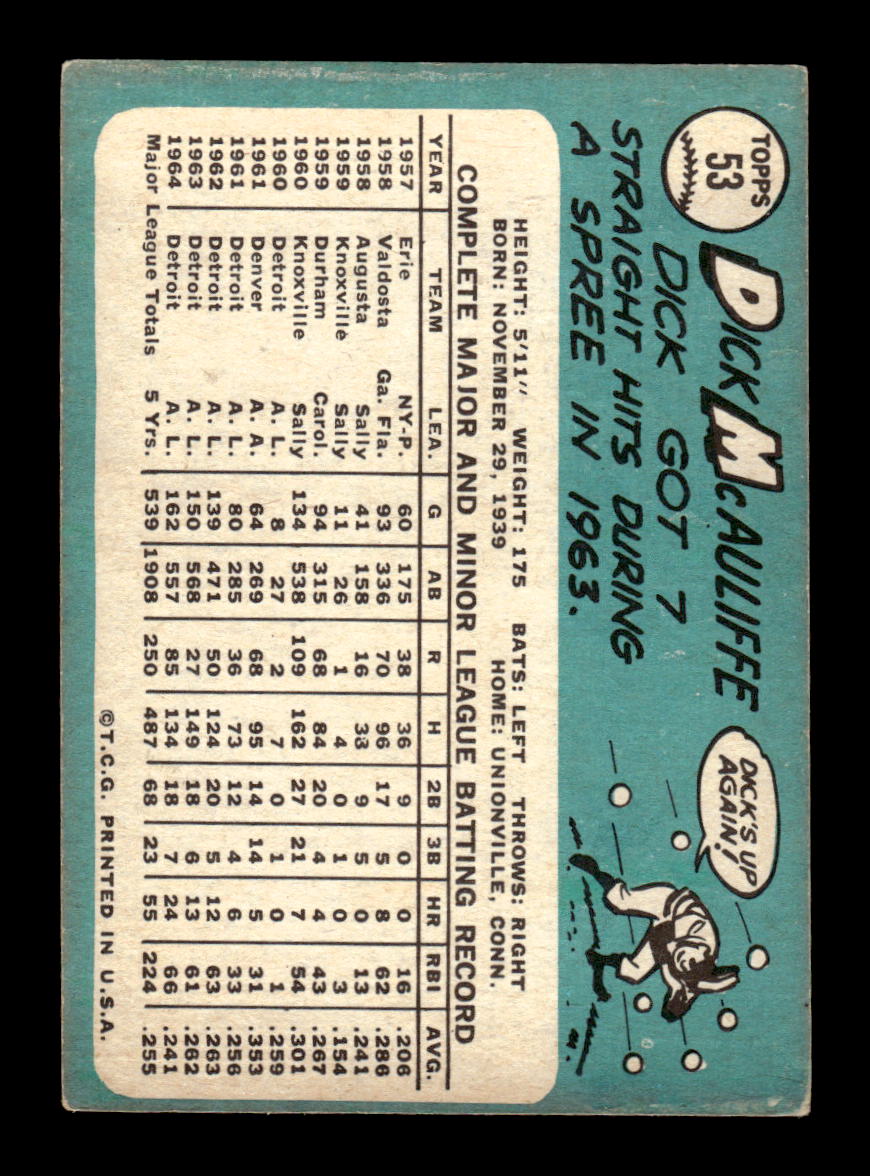 1965 Topps #53 Dick McAuliffe Detroit Tigers VG 54T10007919