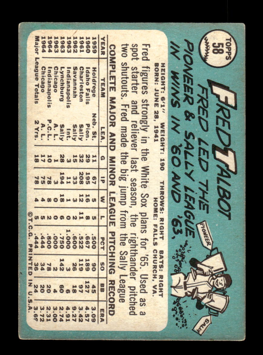 1965 Topps #58 Fred Talbot Chicago White Sox VG 54T10007922
