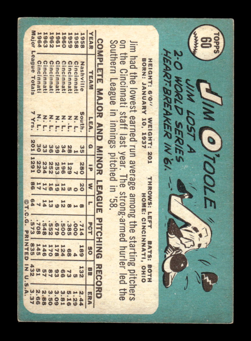 1965 Topps #60 Jim O'Toole Cincinnati Reds VG 54T10007924