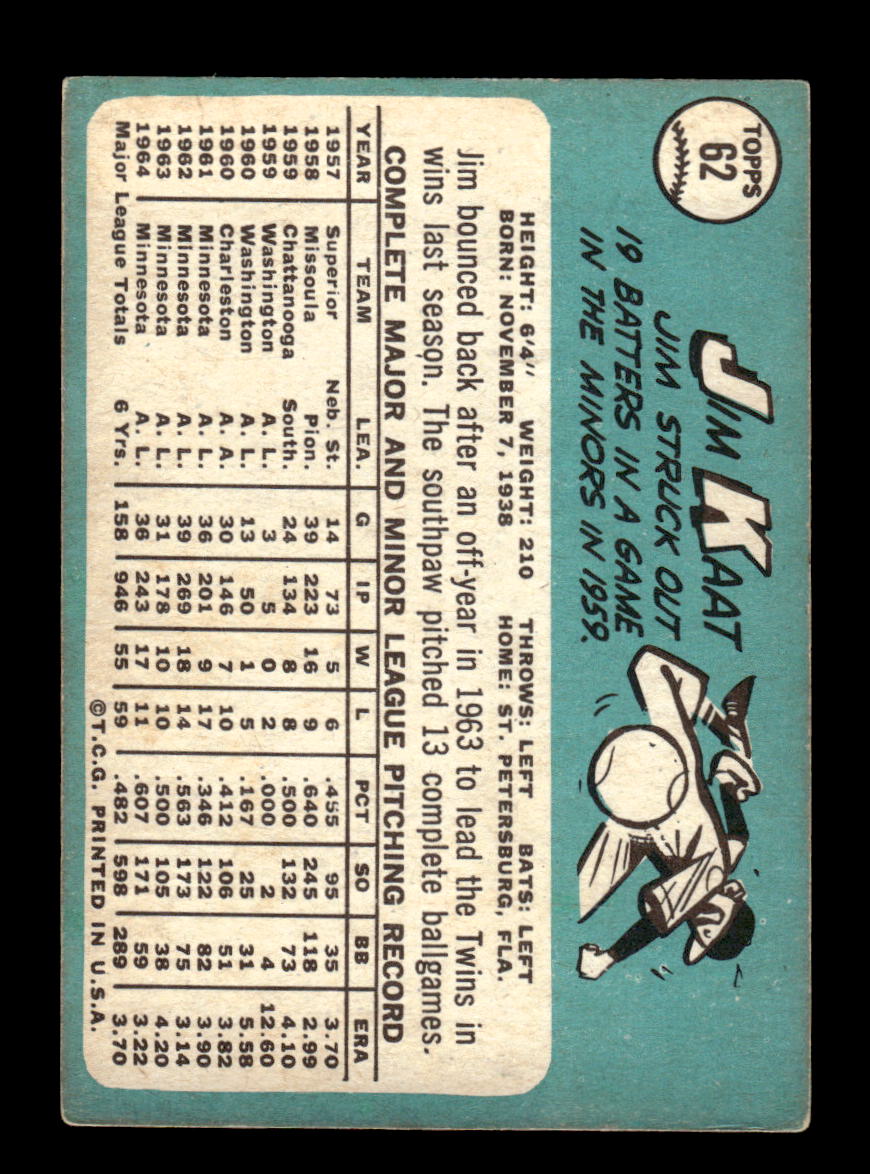 1965 Topps #62 Jim Kaat Minnesota Twins VGEX 54T10007926