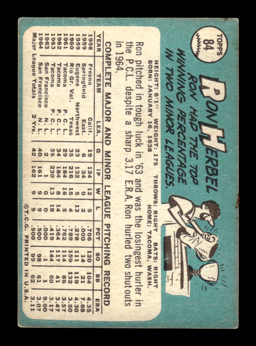 1965 Topps #84 Ron Herbel San Francisco Giants VG 54T10007940