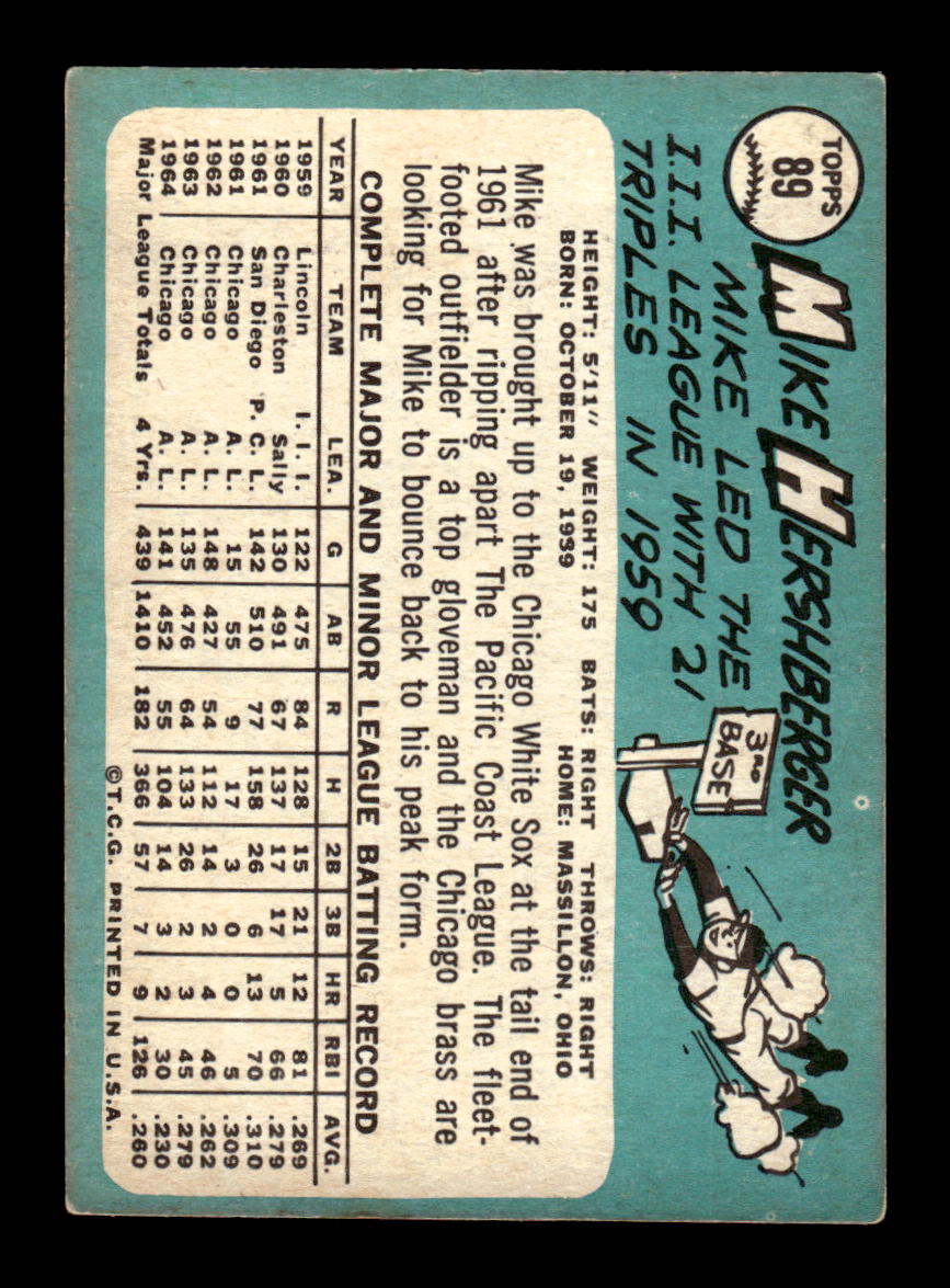 1965 Topps #89 Mike Hershberger Chicago White Sox VG 54T10007944