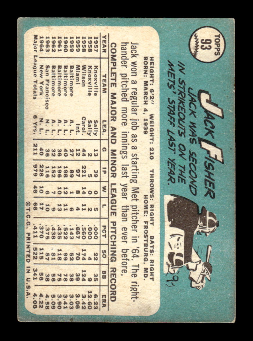 1965 Topps #93 Jack Fisher New York Mets VG 54T10007946