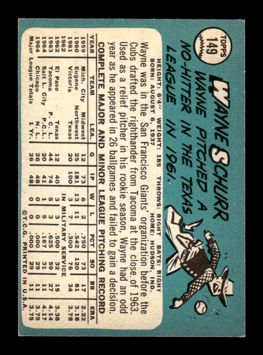 1965 Topps #149 Wayne Schurr Chicago Cubs VG 54T10007971