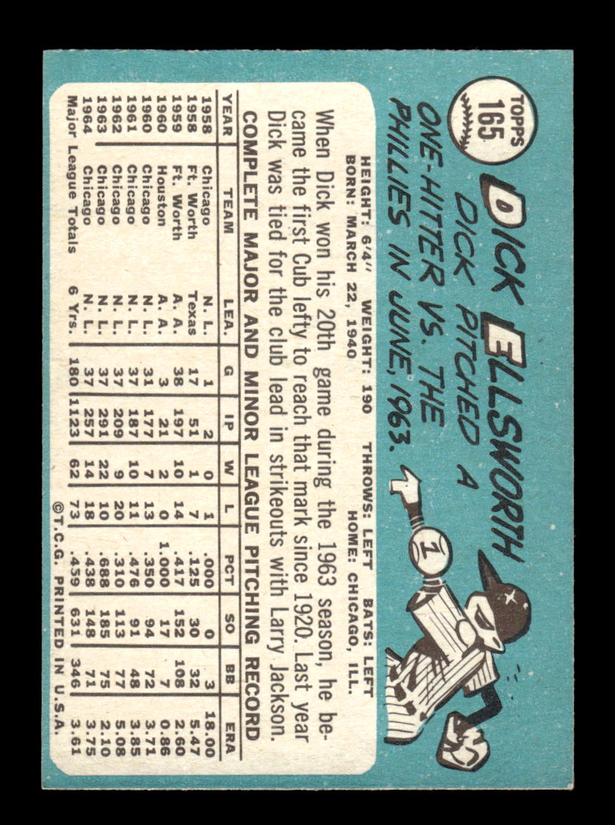 1965 Topps #165 Dick Ellsworth Chicago Cubs VG 54T10007980