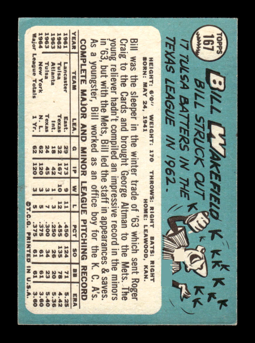 1965 Topps #167 Bill Wakefield New York Mets VG 54T10007981