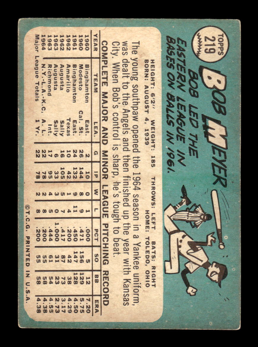 1965 Topps #219 Bob Meyer Kansas City Athletics VG 54T10008003