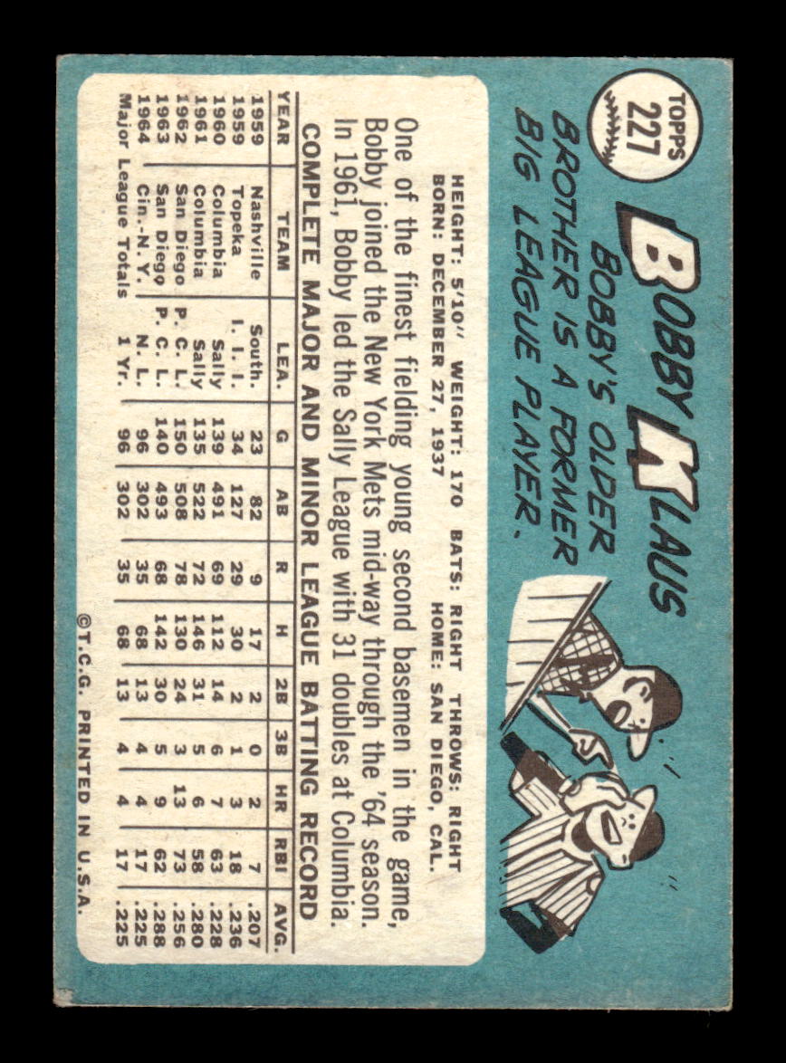 1965 Topps #227 Bobby Klaus New York Mets VG 54T10008009